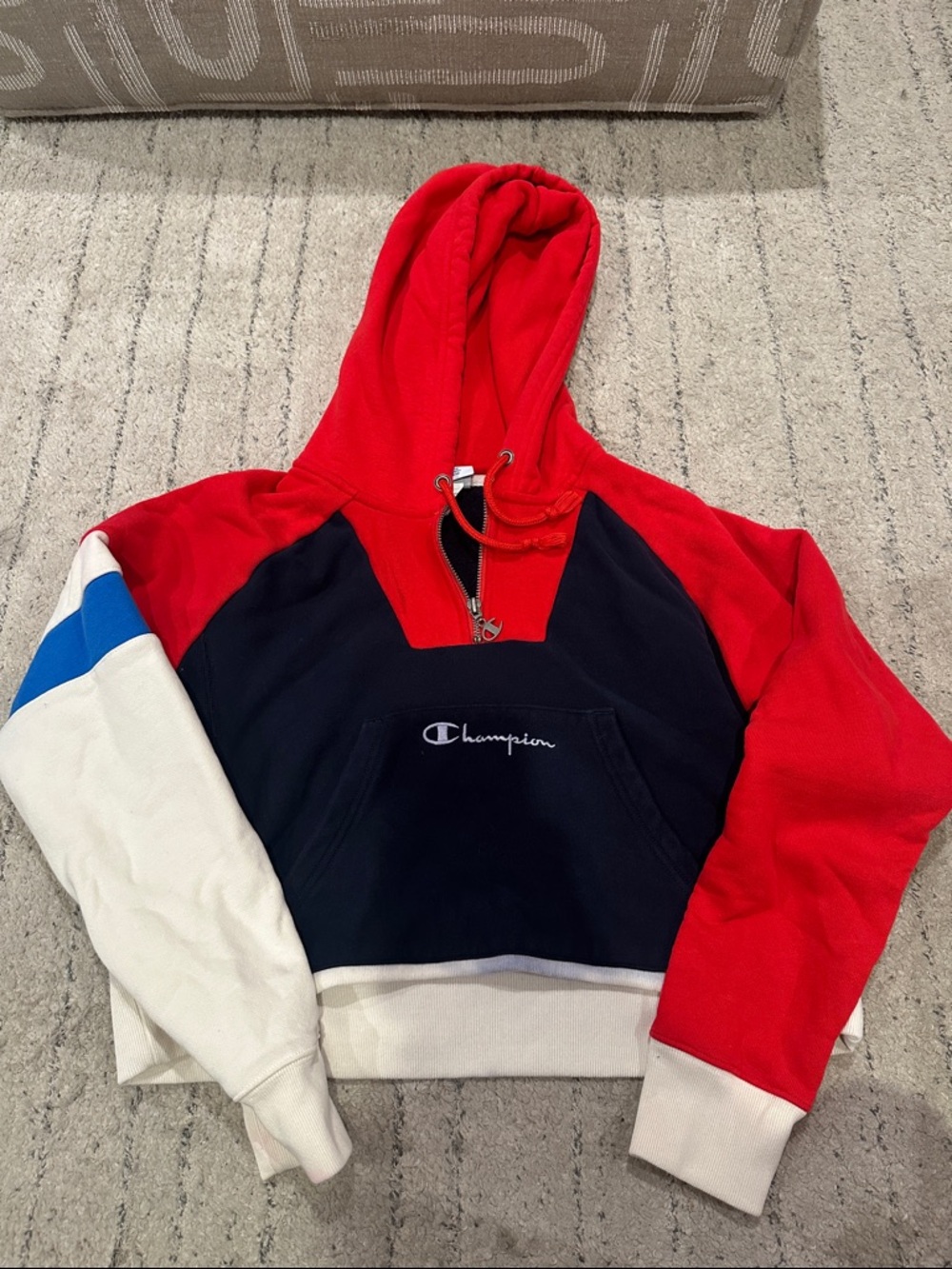 Champion Red, Navy & White Colorblock Cropped Hoodie with Blue Stripe